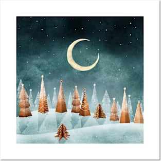 Magic winter forest watercolor illustration. Gingerbread Christmas trees winter landscape. Fantasy Candy world moonlight scenery. Cookie trees Posters and Art